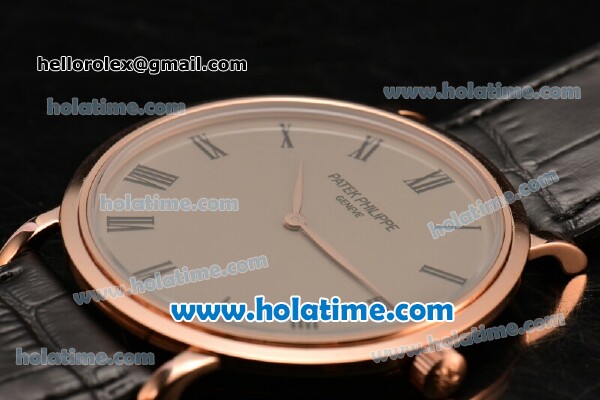 Patek Philippe Calatrava Miyota OS2035 Quartz Rose Gold Case with Roman Numeral Markers Grey Dial and Black Leather Strap - Click Image to Close